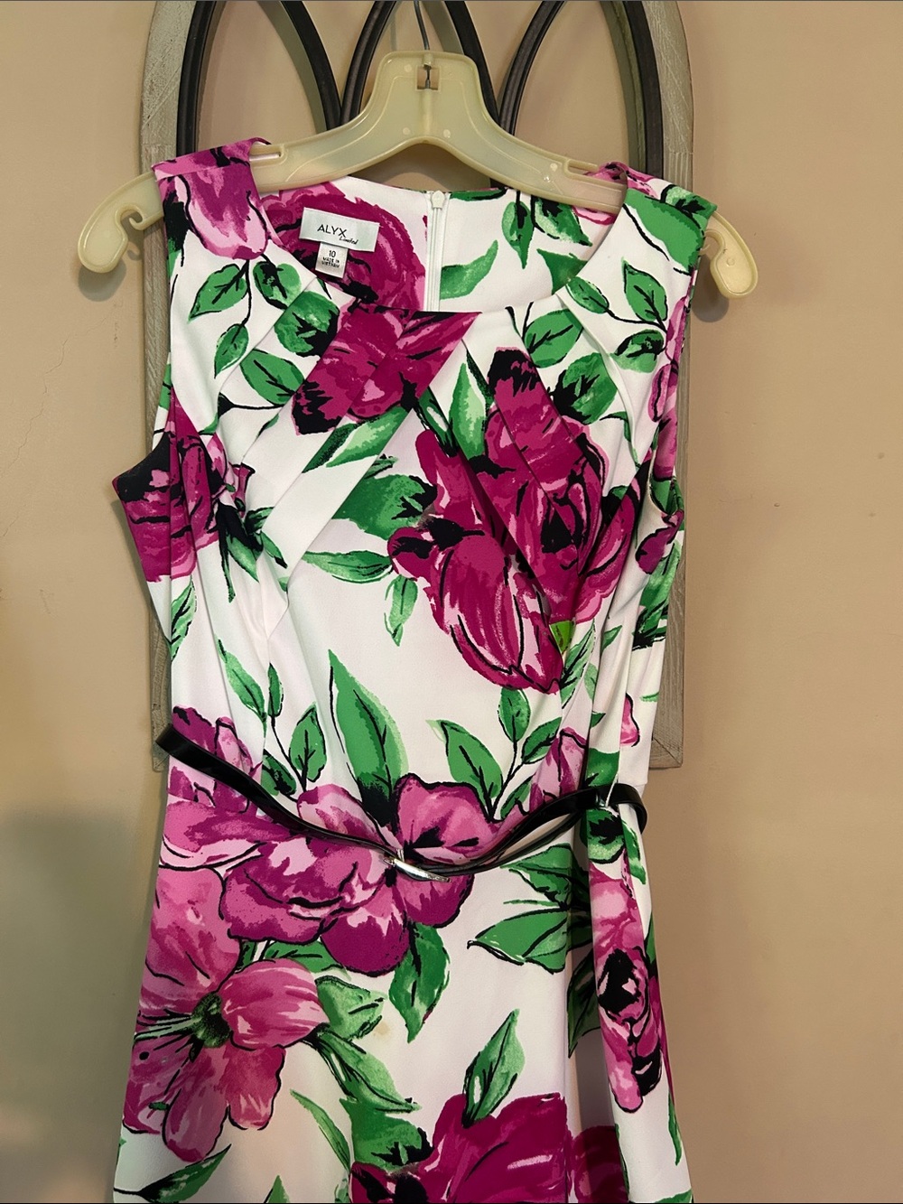 ALYX White Dress with Pink Floral & Green Leaves small stain in picture